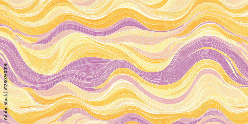 A seamless elegant wavy texture with smooth undulating lines in sunshine yellow, peach fuzz, and lilac, resembling flowing water. A seamless elegant wavy texture with smooth undulating lines in sunshine yellow, peach fuzz, and lilac, resembling flowing water.