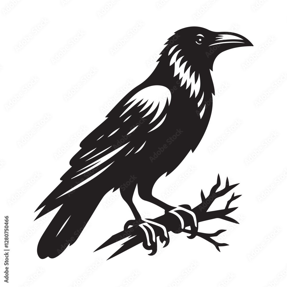 Naklejka premium Raven bird Silhouette Vector Illustration, Solid White Background.