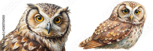 Realistic owl illustrations, detailed feathers, vibrant eyes, wildlife art, nature depiction, educational purpose.