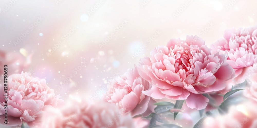 Beautiful blooming peonies in gardens with blurred background providing spring atmosphere and ample copy space Beautiful blooming peonies in gardens with blurred background providing spring atmosphere and ample copy space
