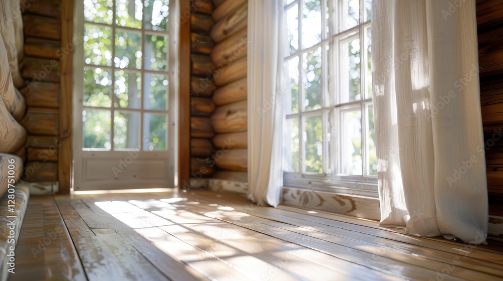 Fototapeta premium Serene Interior of a Rustic Log Cabin with Bright Sunshine Streaming Through Windows and Soft Drapes