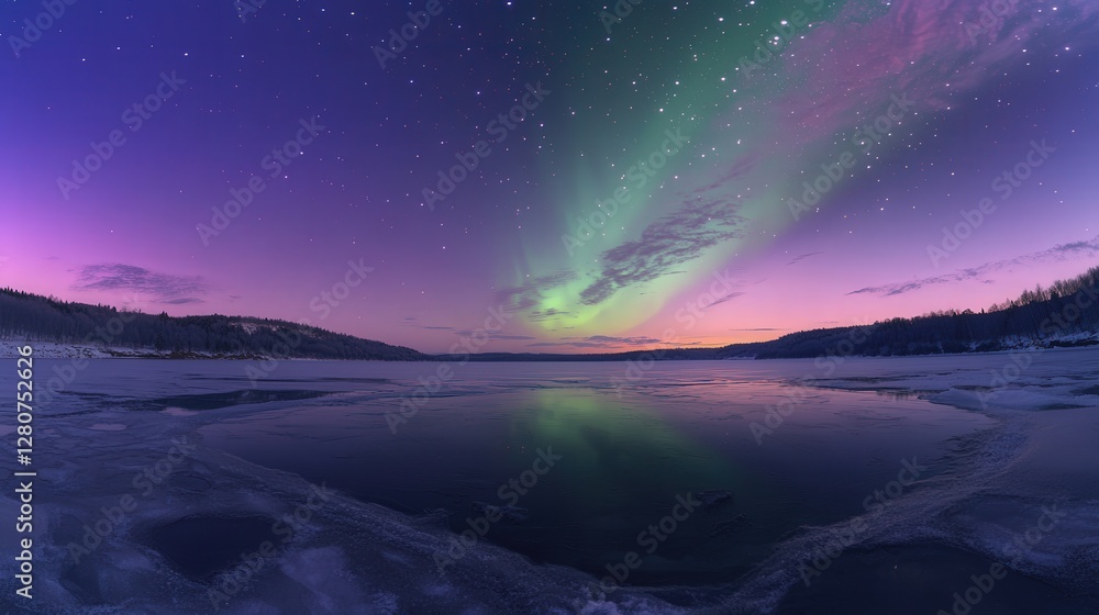 night sky glowing with soft hues of green and violet from the aurora borealis, reflected in a frozen lake. night sky glowing with soft hues of green and violet from the aurora borealis, reflected in a frozen lake.