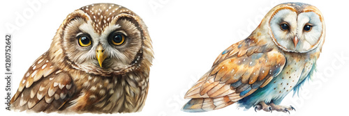 Realistic owl illustrations, detailed watercolor art, nature-inspired design, avian wildlife, artistic representation, vibrant colors.