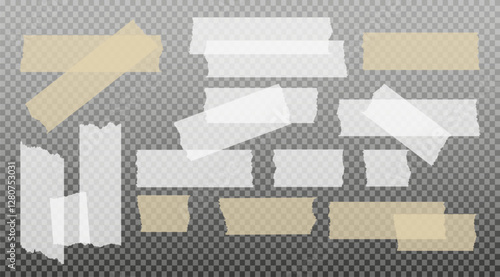 Scotch tape. Sticky paper tape. Adhesive Transparent sticky stripe. Sticker for collage, fixing photo notes. Vector