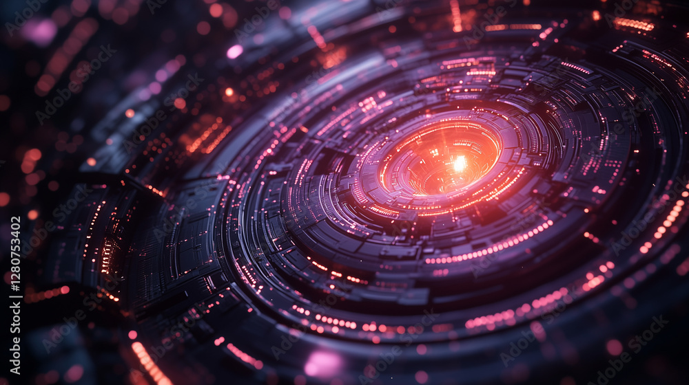 Obraz premium Abstract spiral of blue and gold particles on a dark background, resembling a galaxy or data stream. Futuristic,3d, dynamic, and visually captivating