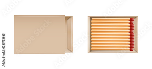 Matchbox, empty package for match sticks in top and perspective view. Realistic mockup of 3d blank box. Stages of burning the match. Symbol of ignition burning. Vector