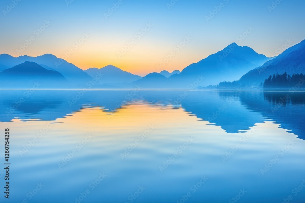 Fototapeta premium Serene Landscape with Misty Mountains and Calm Water Reflection