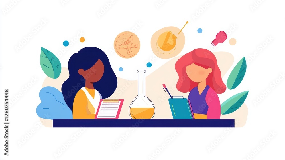 Diverse female scientists collaborating on chemistry research project with laptops and lab equipment Diverse female scientists collaborating on chemistry research project with laptops and lab equipment