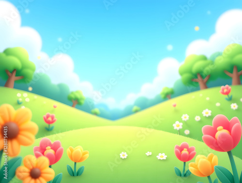 3D cartoon Spring meadow lovely pink flowers 3D natural background