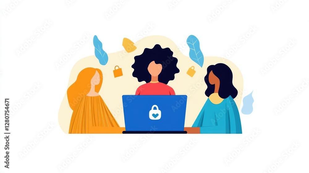 Young diverse women collaborating online for cybersecurity awareness