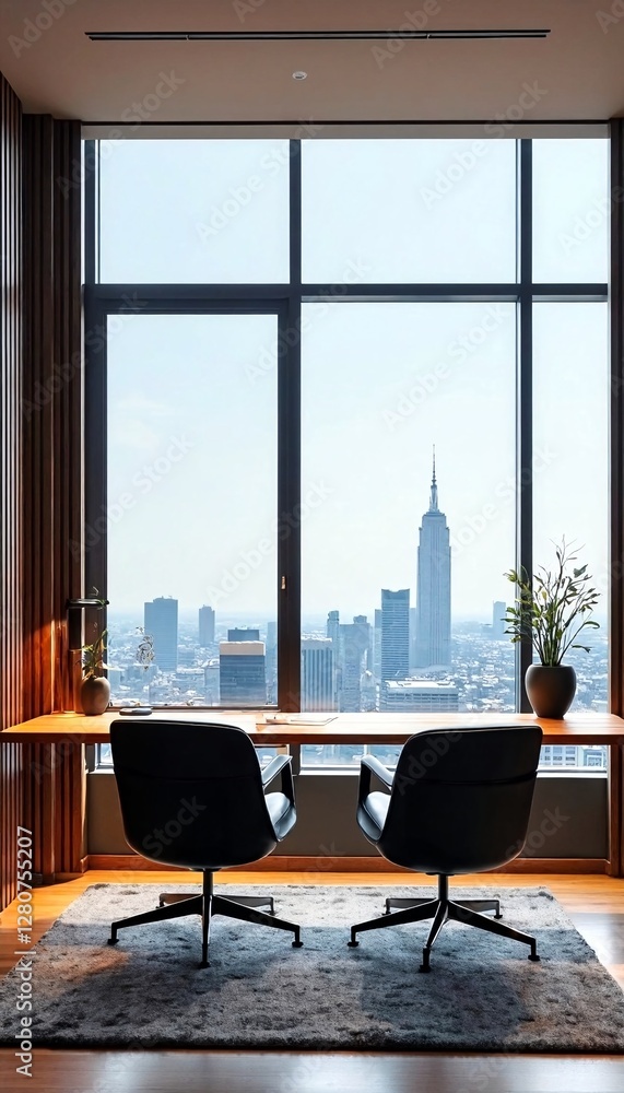 A modern office space with two chairs on a rug facing a large window that offers a view of a city skyline. A modern office space with two chairs on a rug facing a large window that offers a view of a city skyline.