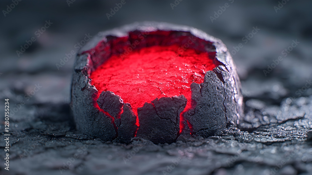 Glowing red magma in cracked rock, dark background, science fiction concept Glowing red magma in cracked rock, dark background, science fiction concept