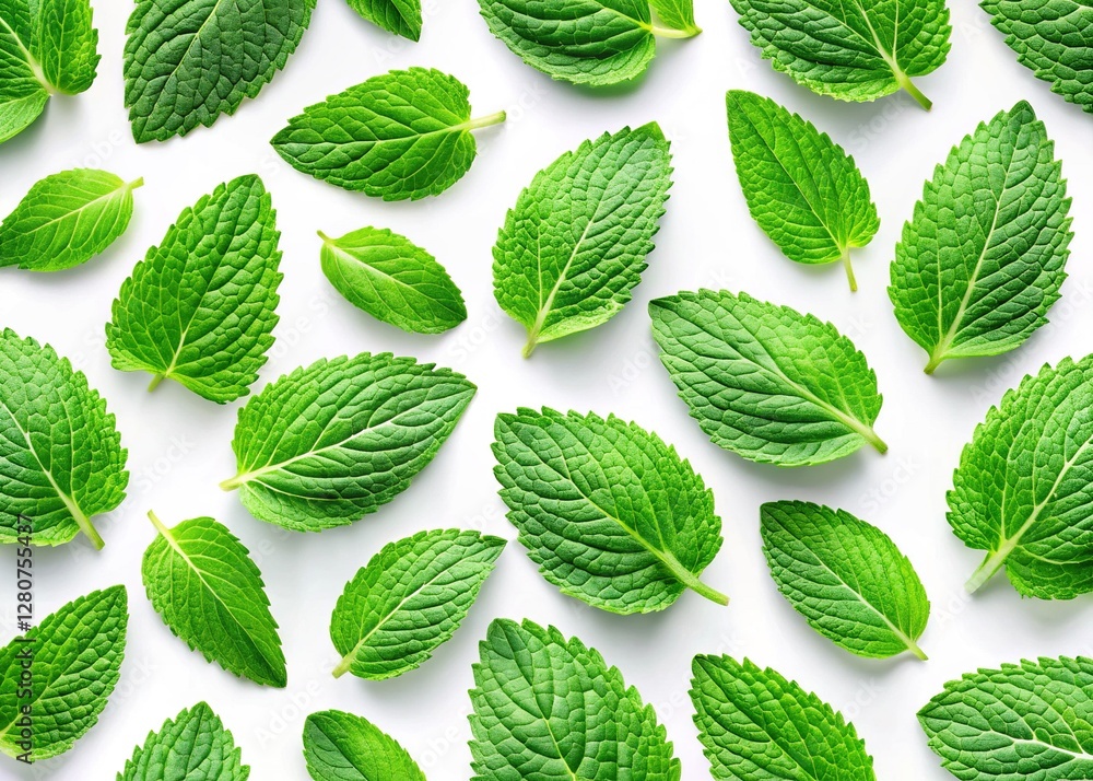 Fresh Mint Leaves Scattered on White Background - Vibrant Green Herbal Pattern Fresh Mint Leaves Scattered on White Background - Vibrant Green Herbal Pattern