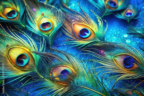 Iridescent Peacock Feathers Scattered on Vibrant Blue Background - Shimmering Nature Stock Photo