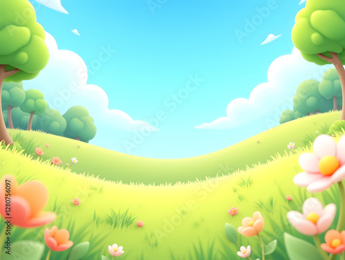 3D cartoon Spring meadow lovely pink flowers 3D natural background