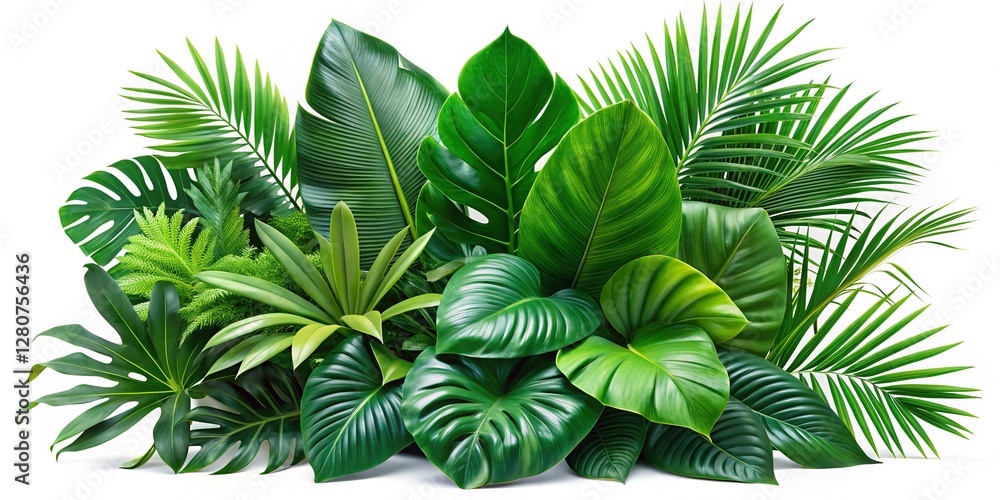 Lush Tropical Green Leaves, White Background Stock Photo - Various Shapes & Textures Lush Tropical Green Leaves, White Background Stock Photo - Various Shapes & Textures