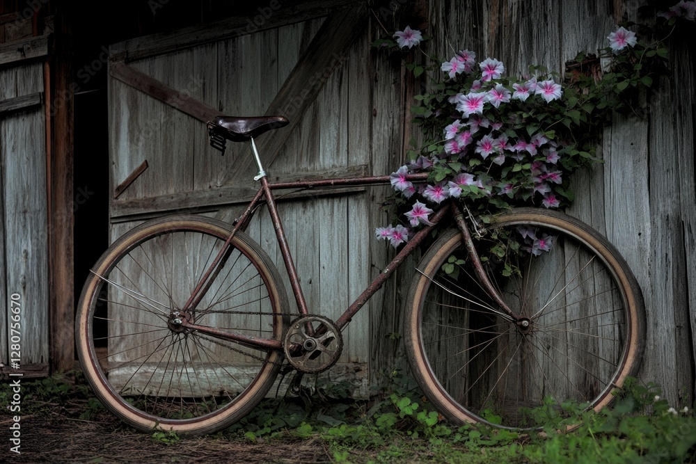 A rusty old bicycle leans against a wooden fence in a rural setting A rusty old bicycle leans against a wooden fence in a rural setting