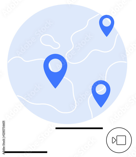 Blue map with three location pins and video icon, suggesting navigation, collaboration, or global connections. Ideal for logistics, travel, geolocation, virtual meetings, teamwork education