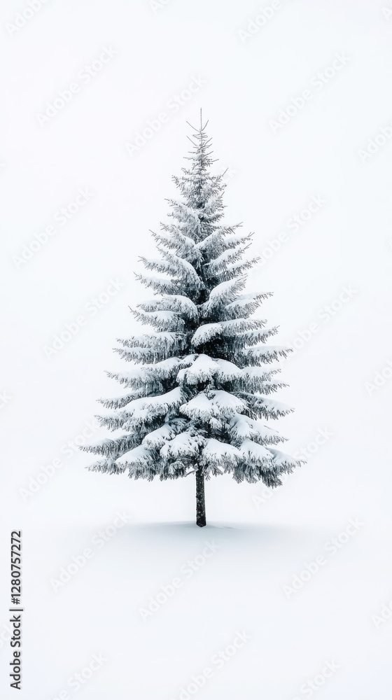 Obraz premium Winter serenity of a lone snow-covered pine tree in pristine landscape