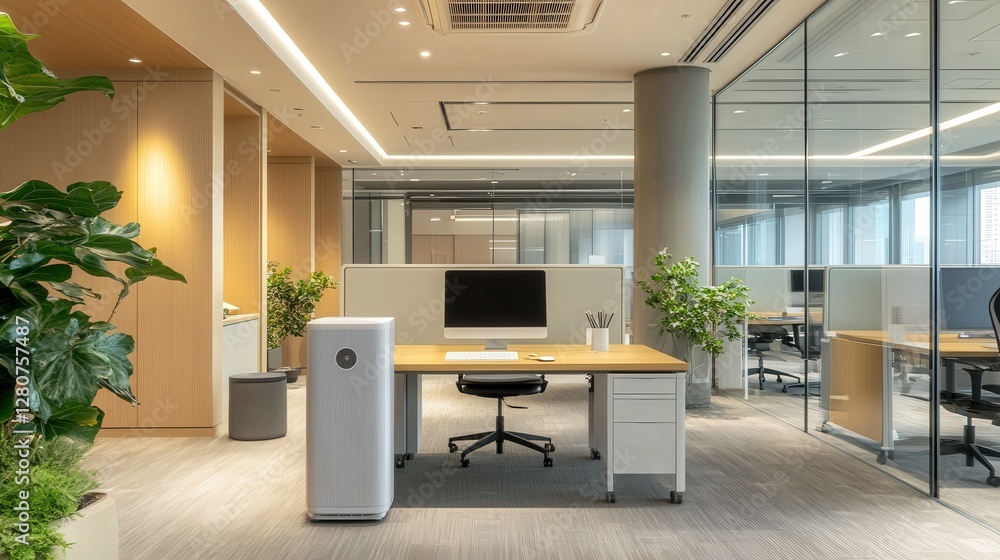 office space with an air purifier placed beside the desk, ensuring a quiet and healthy working environment office space with an air purifier placed beside the desk, ensuring a quiet and healthy working environment