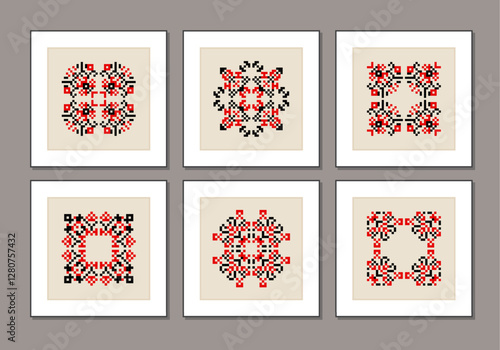 Set of traditional Ukrainian folk knitted embroidery ethnic mandala ornament vyshyvanka