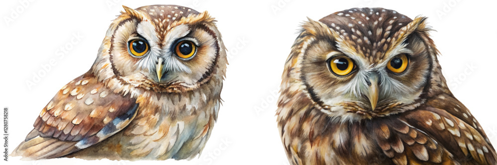 Fototapeta premium Realistic owl illustrations, detailed watercolor art, wildlife portrait, nature-inspired design, high-quality animal depiction.