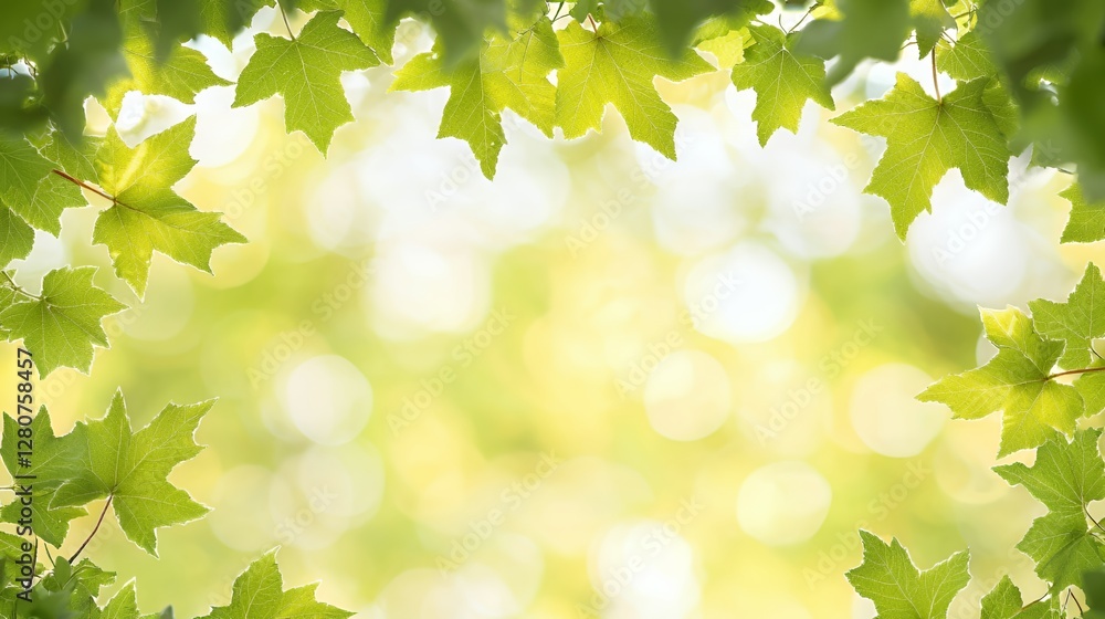 Green Maple Leaves Frame with Bright Bokeh Background Green Maple Leaves Frame with Bright Bokeh Background