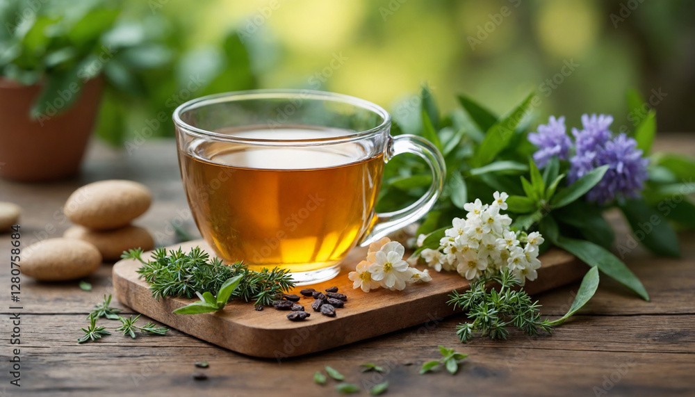 Herbal tea in glass cup with fresh herbs and flowers on rustic wooden table Herbal tea in glass cup with fresh herbs and flowers on rustic wooden table