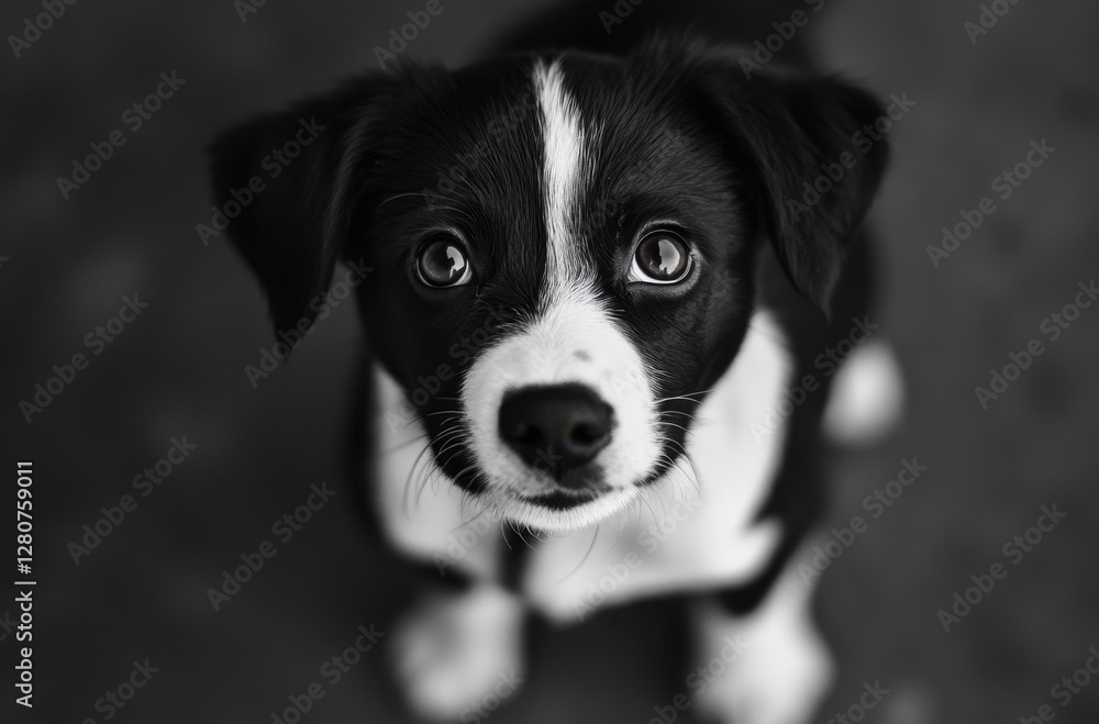 A black and white puppy with expressive brown eyes sits quietly, gazing up with curiosity and playfulness in a cozy indoor environment A black and white puppy with expressive brown eyes sits quietly, gazing up with curiosity and playfulness in a cozy indoor environment
