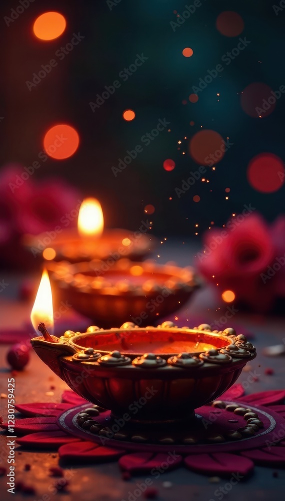 Ornate Diya lamps illuminate a Diwali celebration with flickering candlelight , bright, illumination Ornate Diya lamps illuminate a Diwali celebration with flickering candlelight , bright, illumination