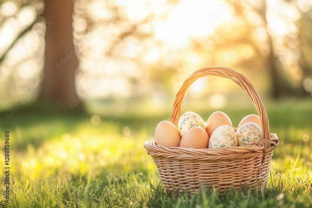A basket filled with colorful Easter eggs resting on green grass in a sunny outdoor setting. A basket filled with colorful Easter eggs resting on green grass in a sunny outdoor setting.