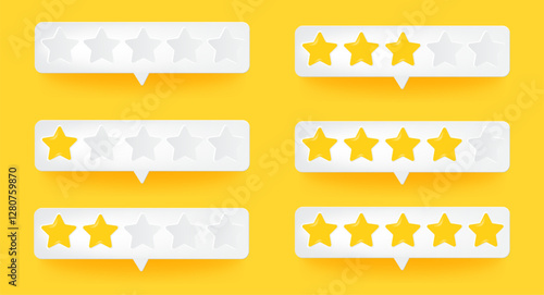 Trendy realistic star shape rating and review icon with level scale, featuring a slide for social reactions and customer satisfaction.Survey and product feedback concept. Vector illustration