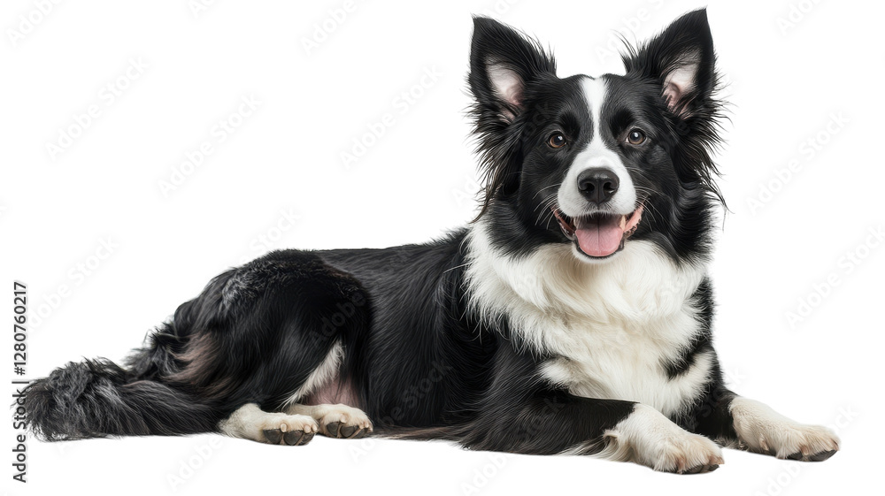 Playful border collie poses charmingly on white background with a joyous expression