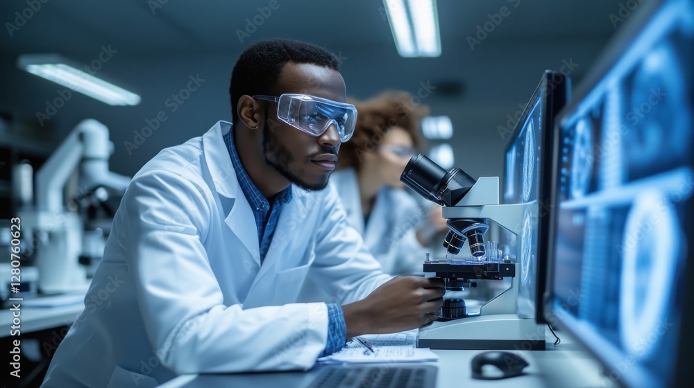 A dedicated scientist examines a biological sample through a microscope in a modern biotechnology laboratory. The focused atmosphere highlights precision and innovation in research A dedicated scientist examines a biological sample through a microscope in a modern biotechnology laboratory. The focused atmosphere highlights precision and innovation in research