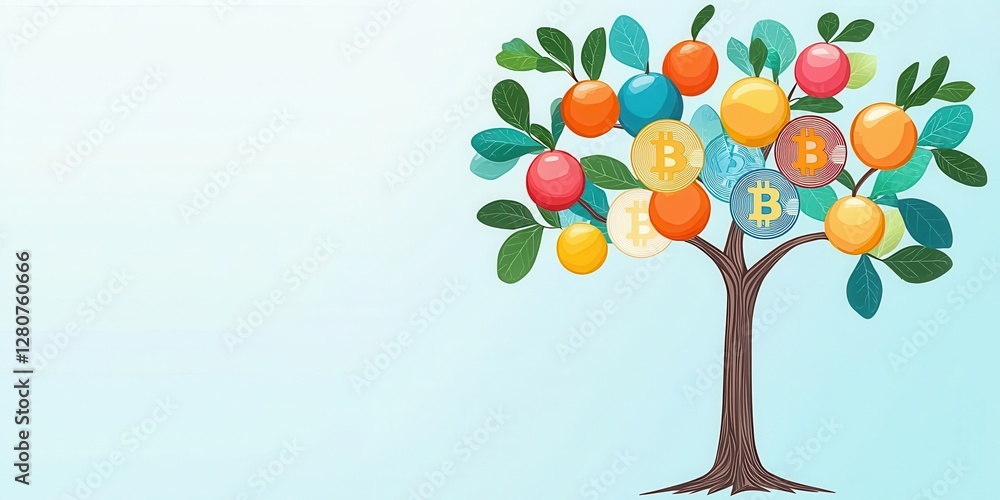 Fototapeta premium Tree with Bitcoin coins growing as fruits, symbolizing long-term investment, stock illustration
