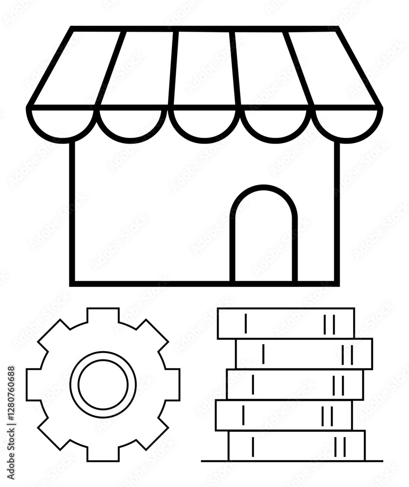 Shopfront with awning, gear, and coin stacks conveys business ideas, operations, and innovation. Ideal for entrepreneurship, management, strategy, e-commerce finance marketing and conceptual Shopfront with awning, gear, and coin stacks conveys business ideas, operations, and innovation. Ideal for entrepreneurship, management, strategy, e-commerce finance marketing and conceptual