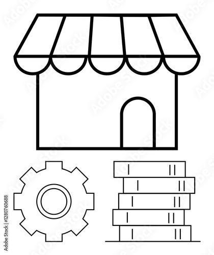 Shopfront with awning, gear, and coin stacks conveys business ideas, operations, and innovation. Ideal for entrepreneurship, management, strategy, e-commerce finance marketing and conceptual