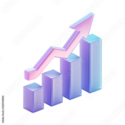 3d growth graph icon holographic gradient effect on isolated transparent background