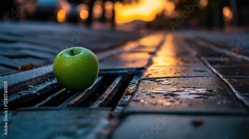 A single green apple sits on the side of a road, potentially abandoned or discarded photo