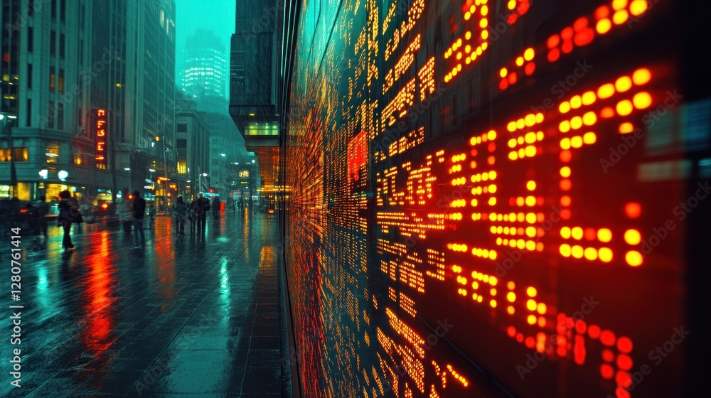 Obraz premium Rainy Night in the City: Stock Ticker Reflection