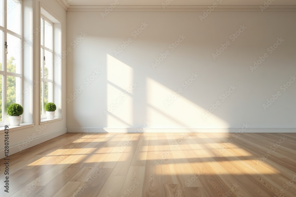 Fototapeta premium Spacious empty room, polished wooden floor, natural light, airy, contemporary, natural light