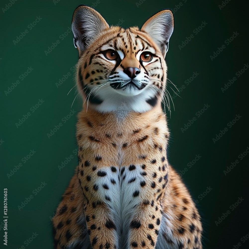 Fototapeta premium Majestic Serval Cat Portrait Against Dark Green Background