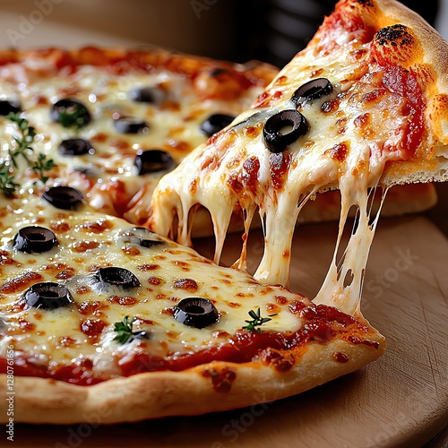 A realistic photo of a pizza with one slice pulled out. The cheese is dripping from the bread, and on top there is tomato sauce and black olives. The background is white, and the image is high resolut