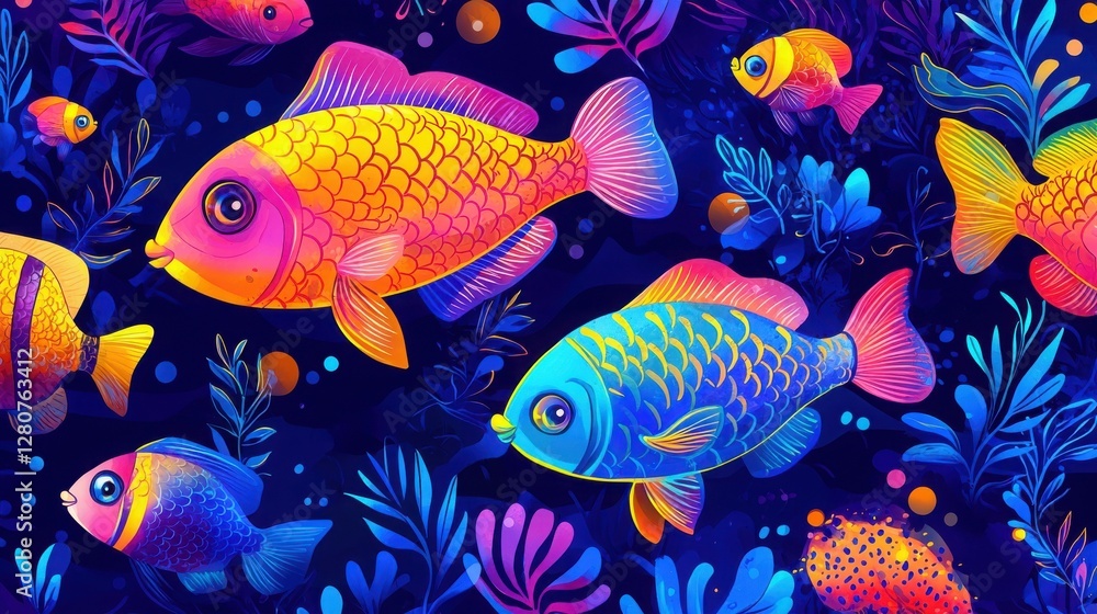 Vibrant, colorful fish swim in a dark blue ocean. A stunning underwater scene full of life and color. Vibrant, colorful fish swim in a dark blue ocean. A stunning underwater scene full of life and color.