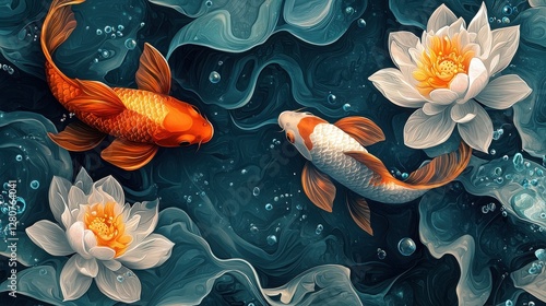 Serene underwater scene featuring two Koi fish swimming gracefully amidst vibrant white lotuses.  The teal and orange colors create a tranquil mood.