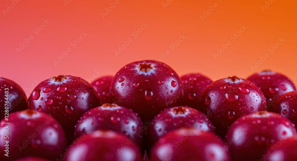 Fresh cranberries with water droplets on vibrant orange background Fresh cranberries with water droplets on vibrant orange background