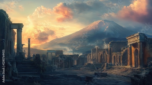 atmospheric view of the ancient ruins of Pompeii, Italy, with Mount Vesuvius looming in the background.