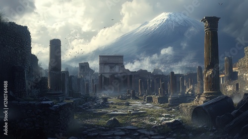 atmospheric view of the ancient ruins of Pompeii, Italy, with Mount Vesuvius looming in the background.