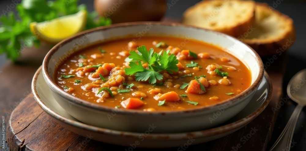 Lentil soup with crusty bread, side salad, and a lemon wedge, healthy, delicious Lentil soup with crusty bread, side salad, and a lemon wedge, healthy, delicious