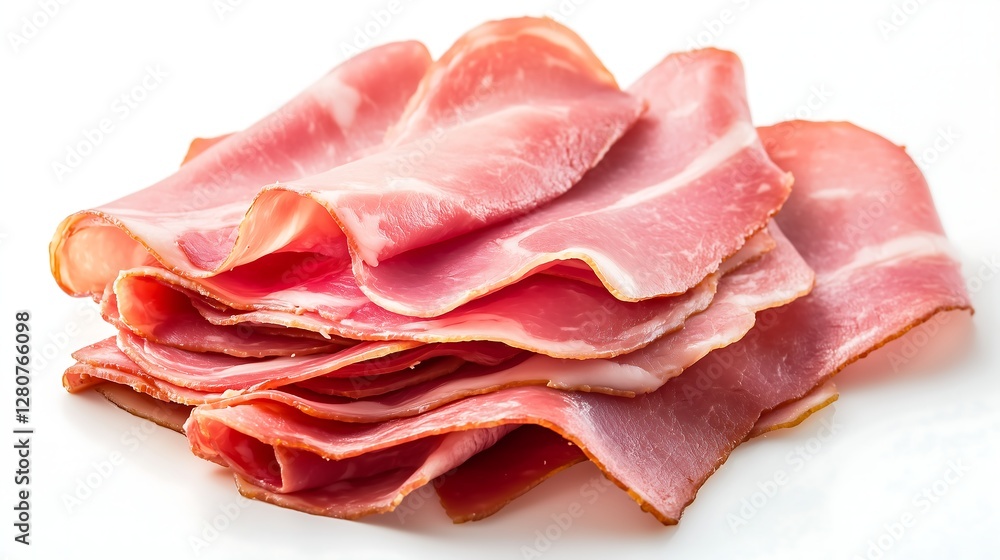 A neatly arranged stack of thinly sliced smoked ham, overlapping, top down view, plain white background A neatly arranged stack of thinly sliced smoked ham, overlapping, top down view, plain white background